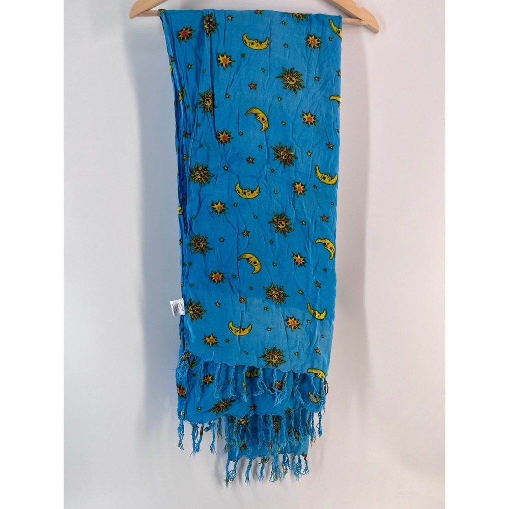 Heart of the Jungle Blue Celestial Scarf Sun Moon Star Rayon Fringe Wrap